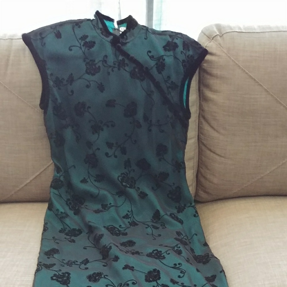 Teal blue velvet burnout asian long dress