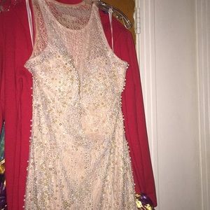 Nude Lace Sparkly Beaded Prom Dress