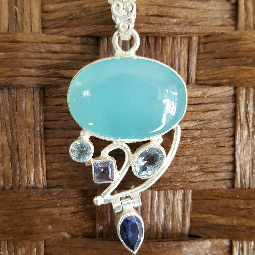Aqua Chalcedony  Necklace Sterling