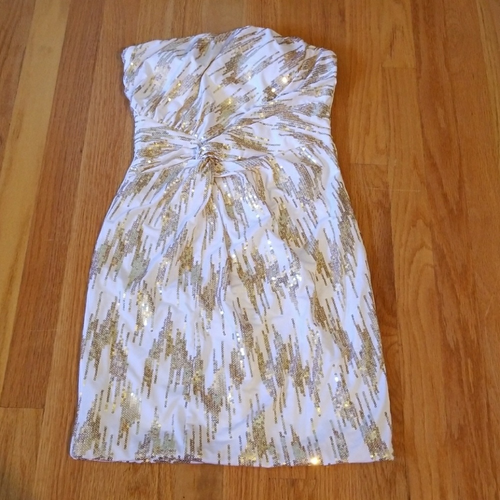 Arden B. White and gold sequen strapless dress