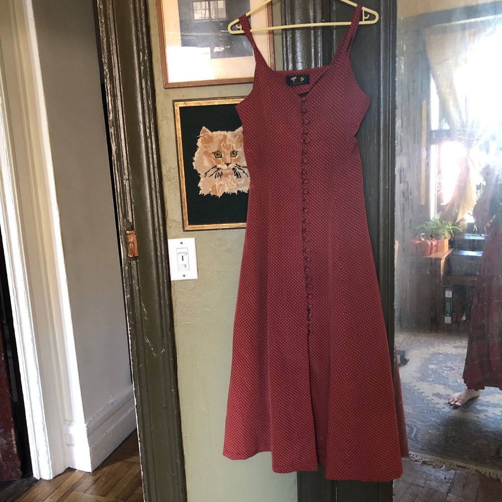 Red Ditsy 90s Button Dress Boho Maxi Midi