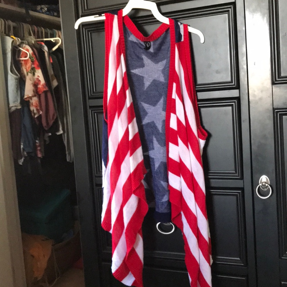 red white and black open front cardigan