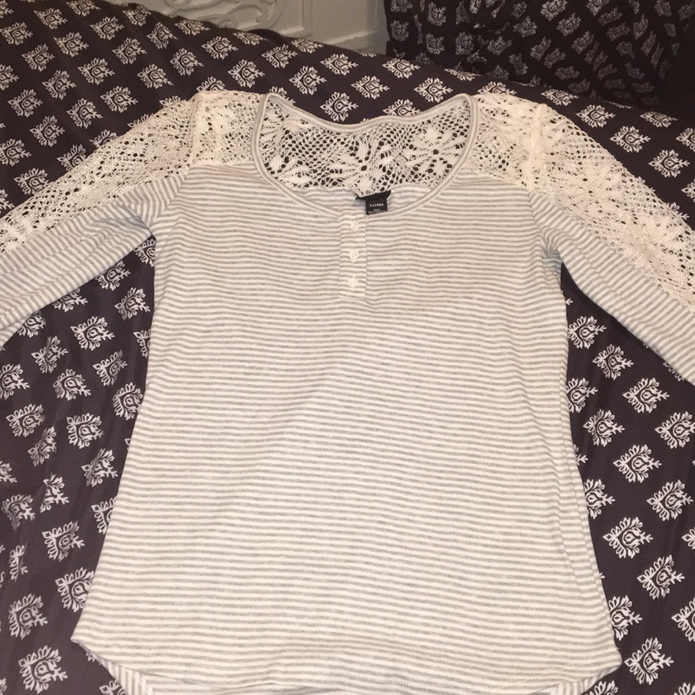 Half-Sleeve Lace and Striped Shirt