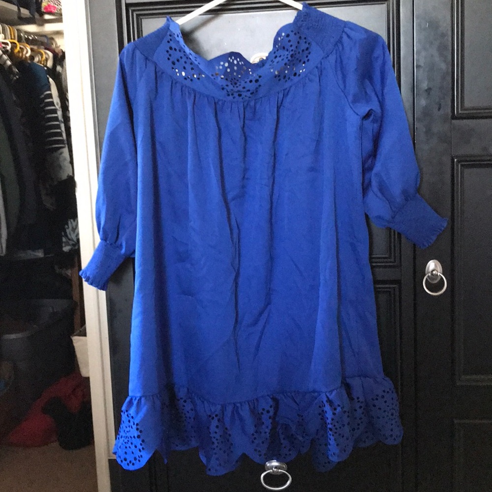 blue off the shoulder dress