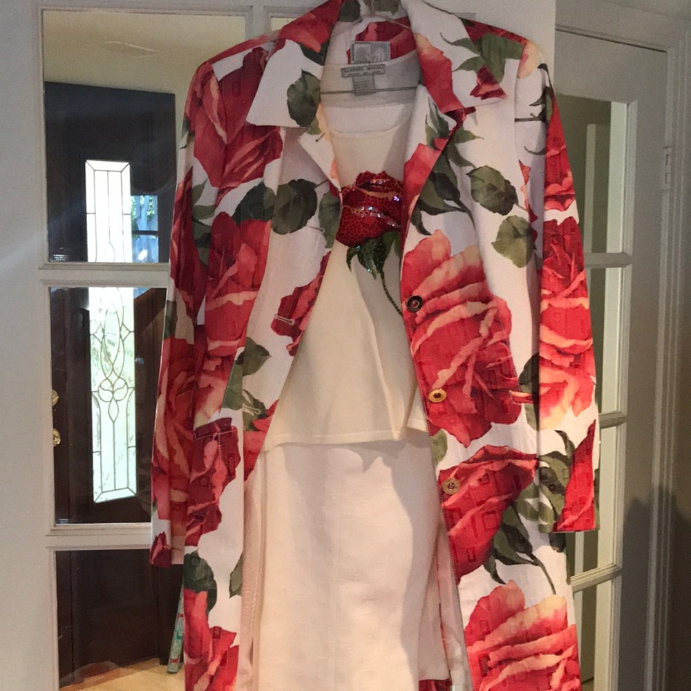 White pant, top, and long jacket set