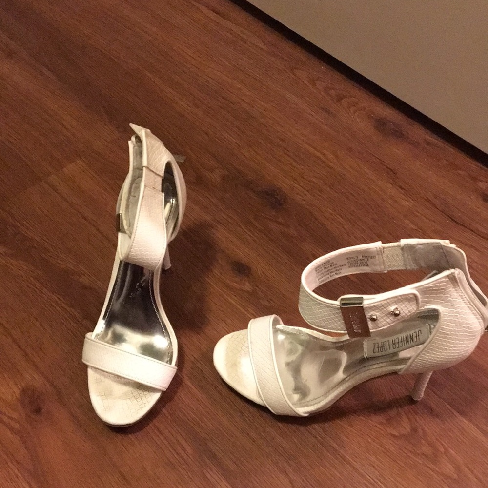 White with silver buckle snake skin strap Sandal