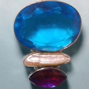 Blue and Violet Topaz and Biwa River Pearl Pendant