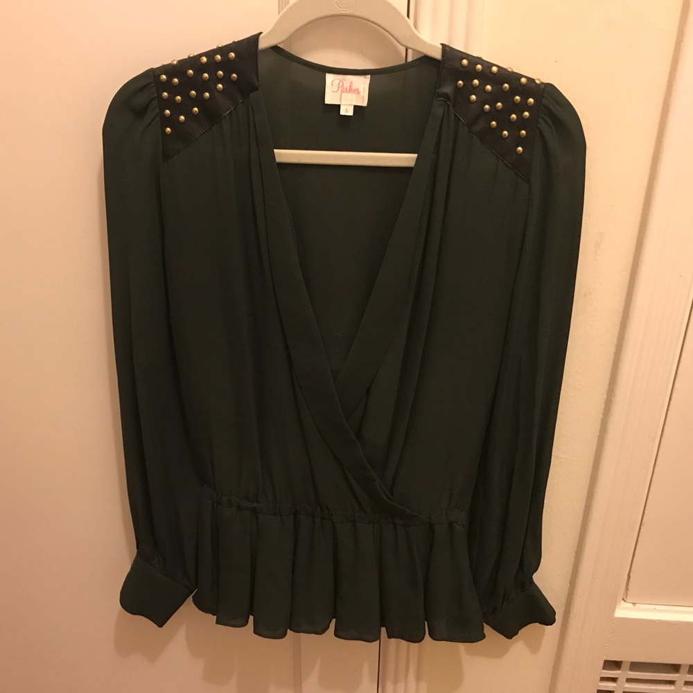 Silk Parker Top in Green with Leather Shoulders