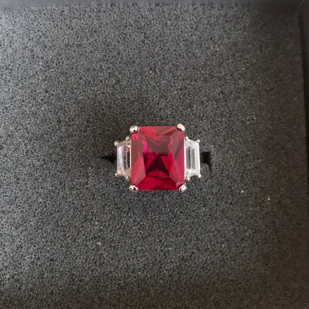 Emerald cut Red and White Stone Ring