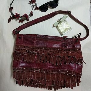 Wine Leather fringe barrel crossbody- carry-all