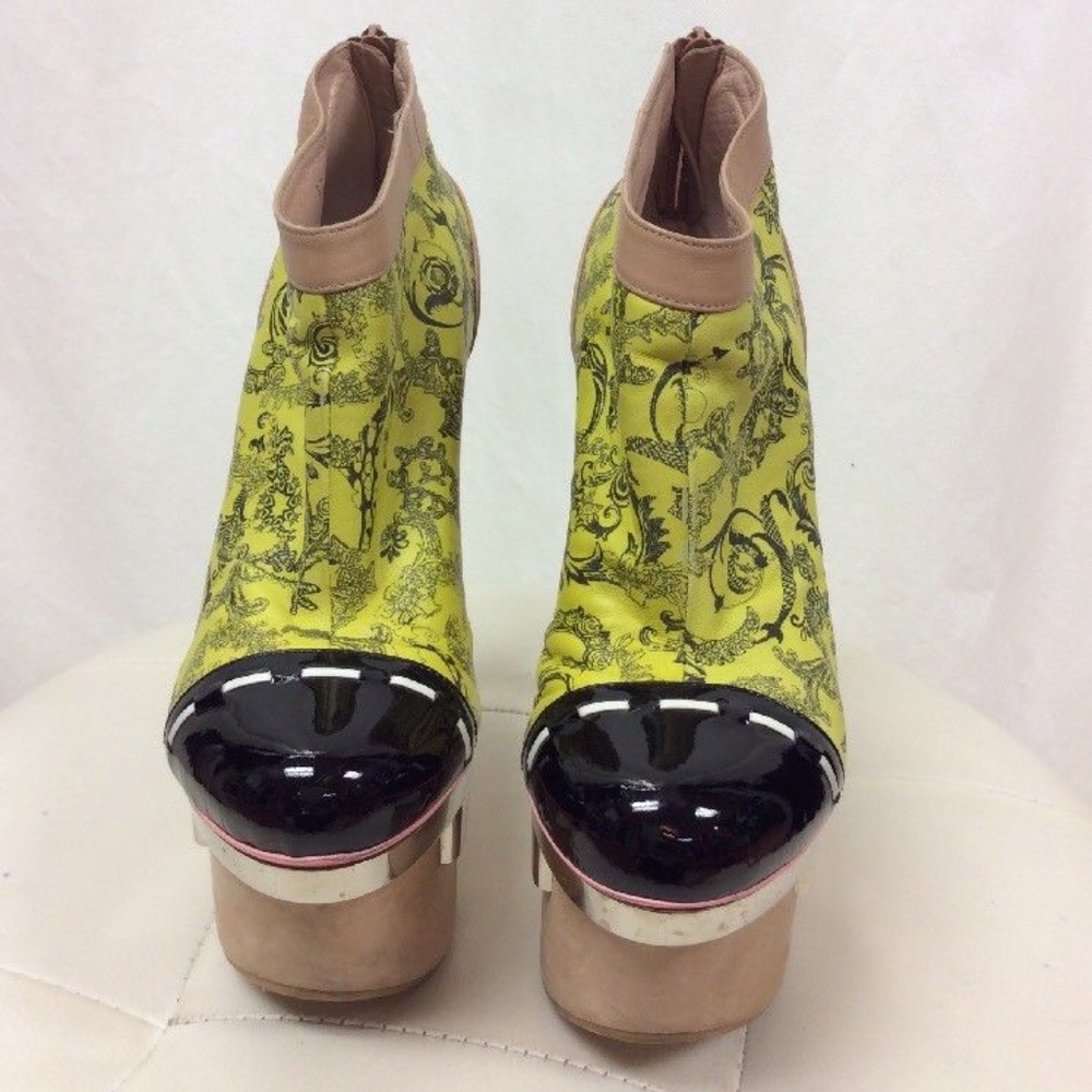Versace Yellow Print Black Cap Toe Platform Bootie