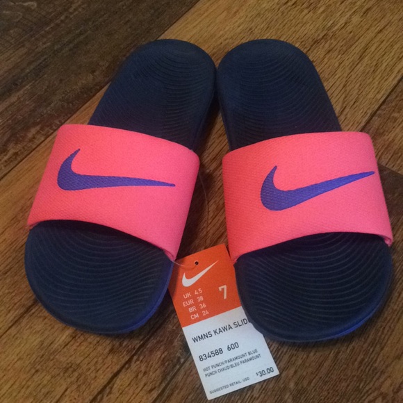 nike slides pink and blue