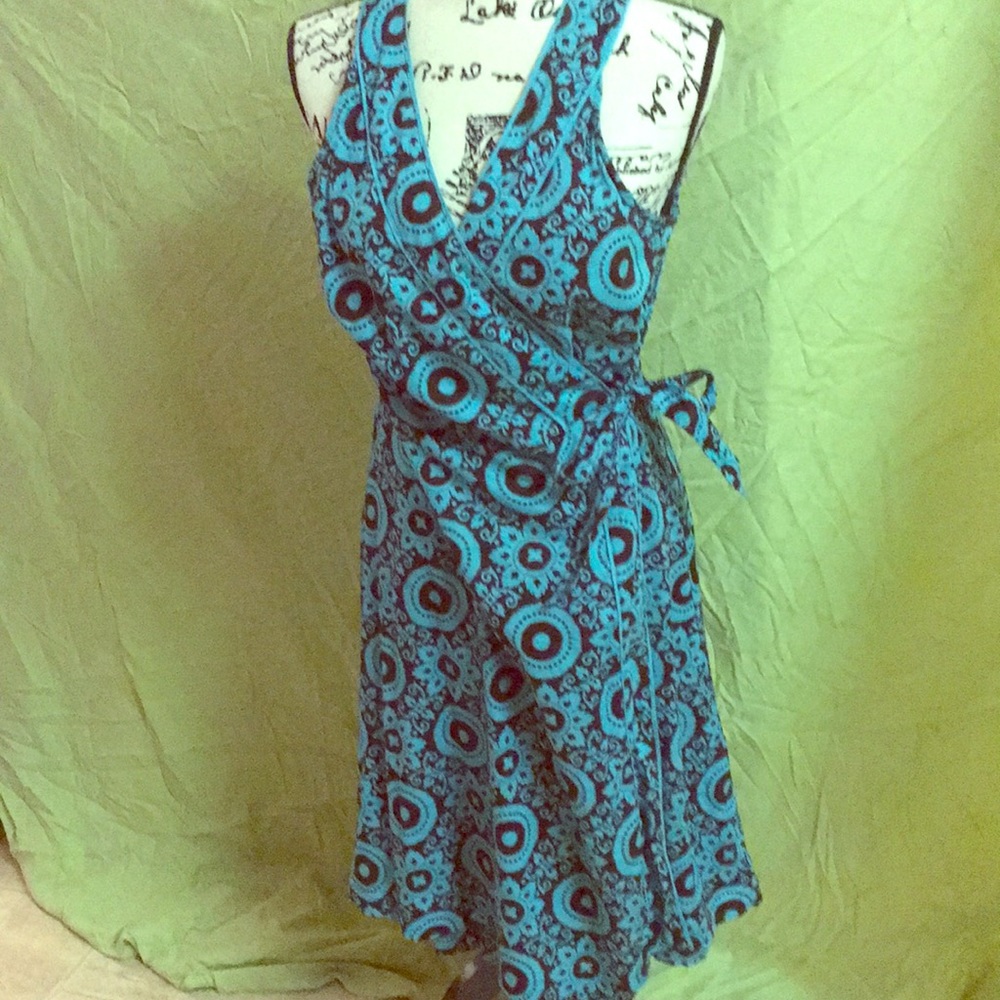 Brown and Blue Tea Wrap Dress