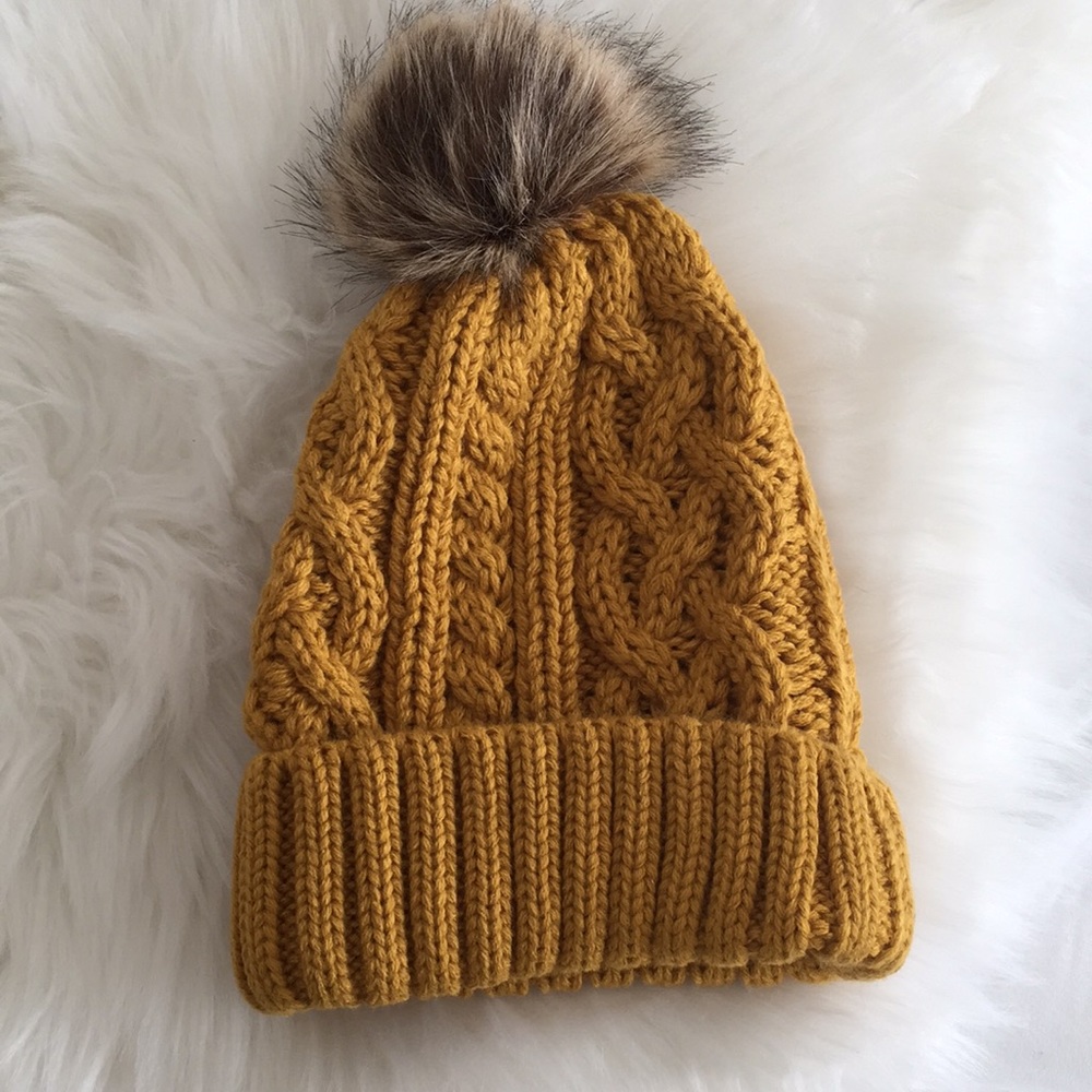 ❗️Two Left❗️NWT Mustard Beanie with pom pom - Picture 3 of 3
