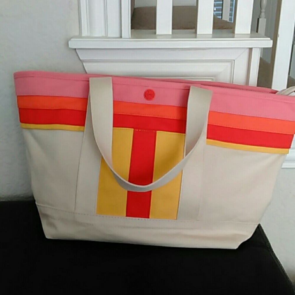 NWT TORY BURCH STRIPE T CANVAS SMALL TOTE BEACH
