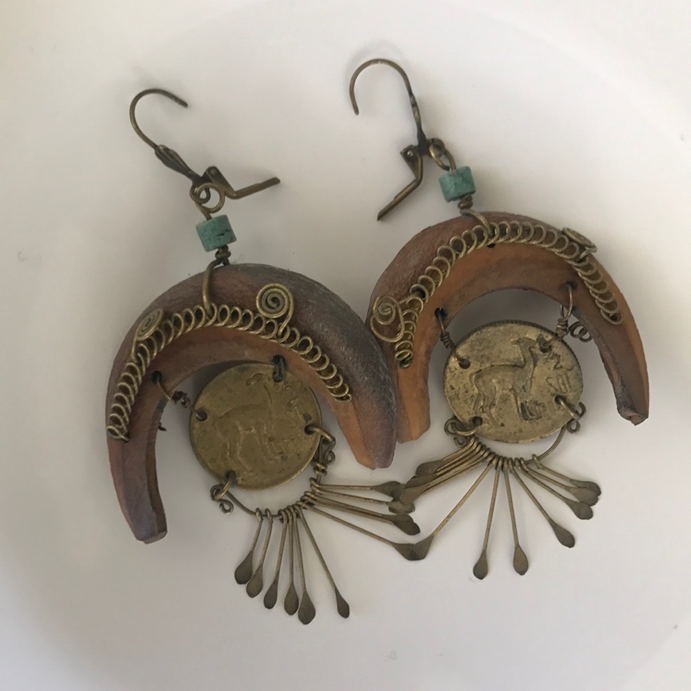 Vintage Bronze, Bone, and Turquoise Earrings