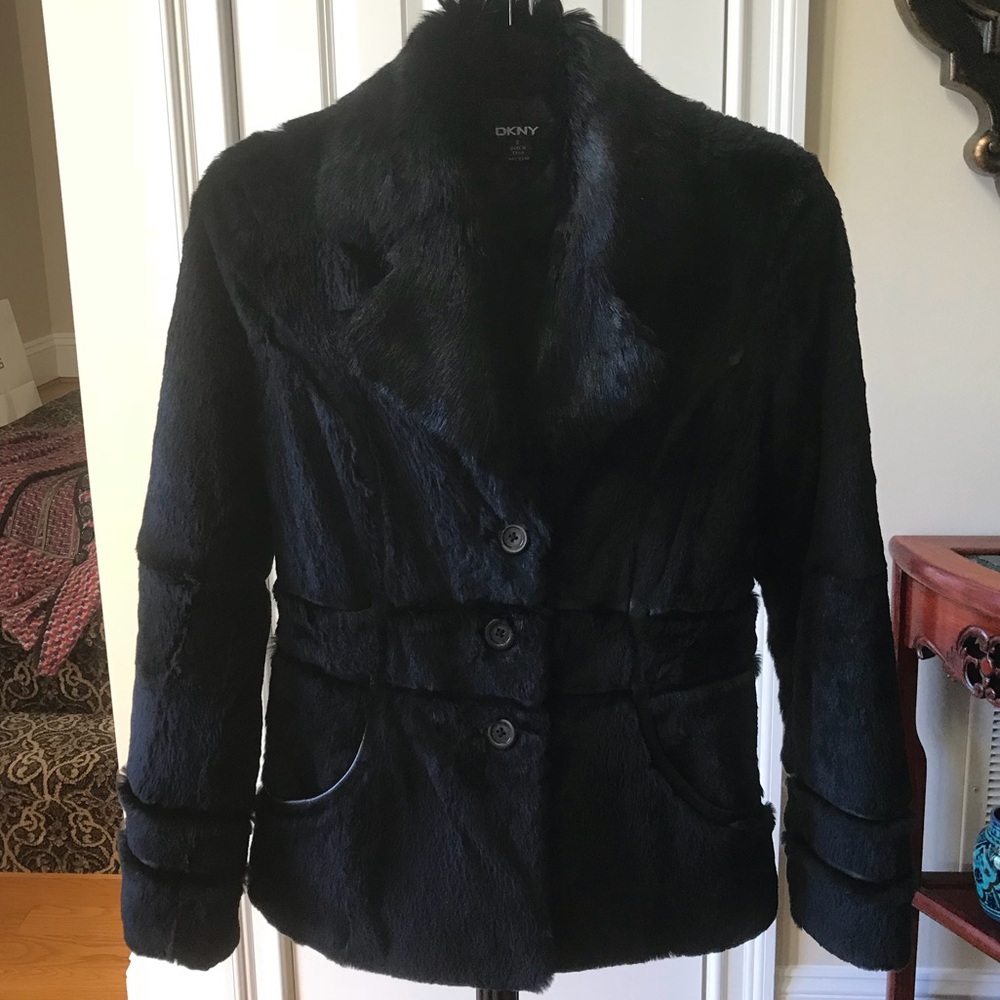 DKNY black leather and faux fur jacket, size 2