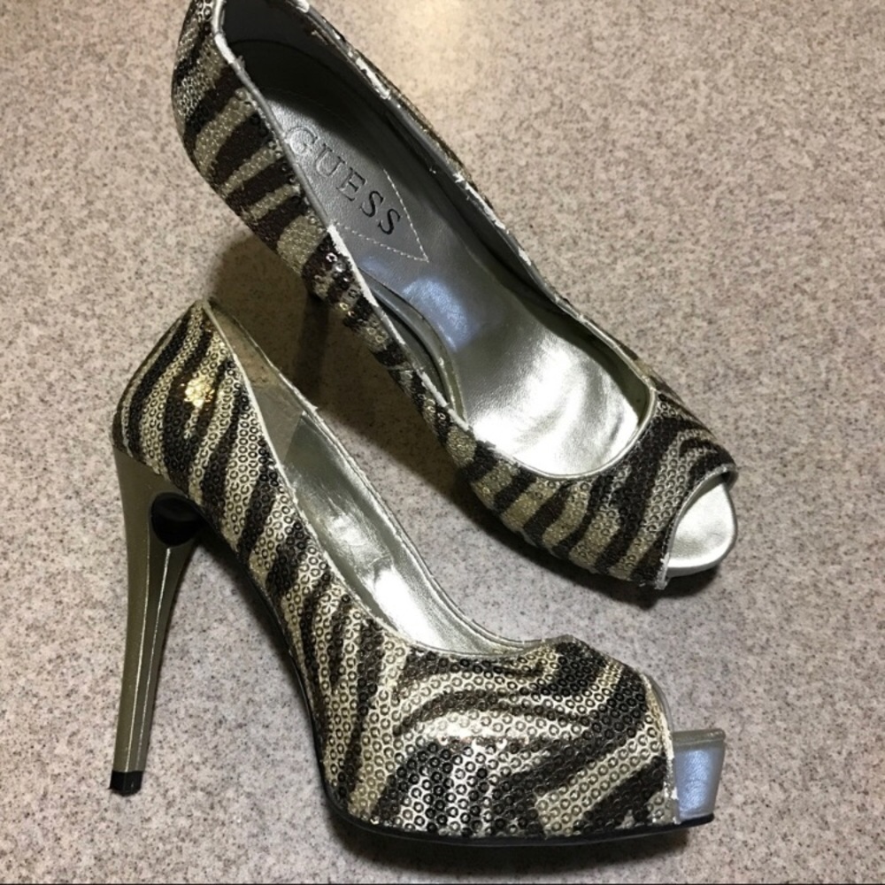 Amazing Guess Zebra Sequin peep toe platform heels