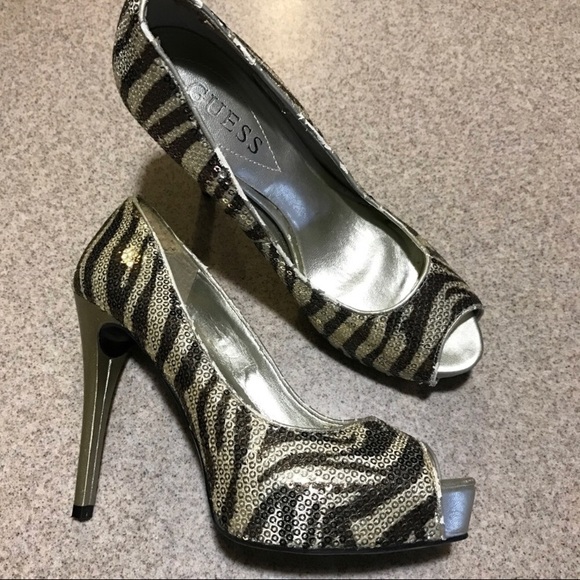 Amazing Guess Zebra Sequin peep toe platform heels - Picture 1 of 5