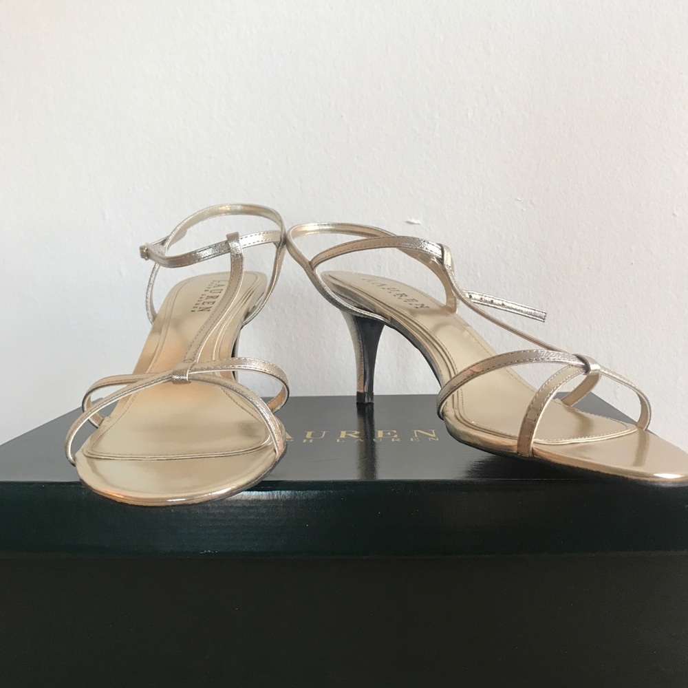 NWB Ralph Lauren Gold Toned Strappy Heels