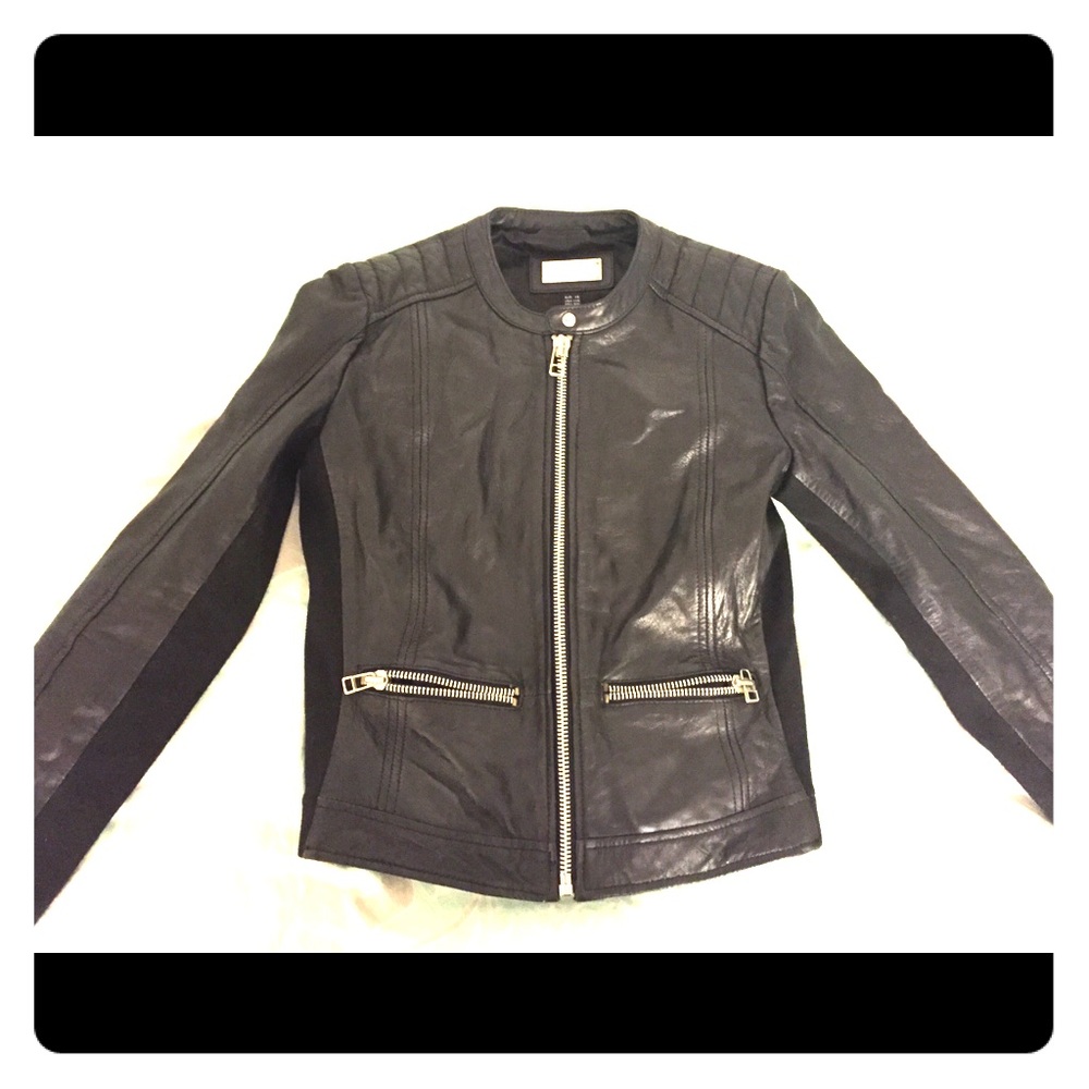 Mango Genuine Leather Black Bomber Jacket XS XXS