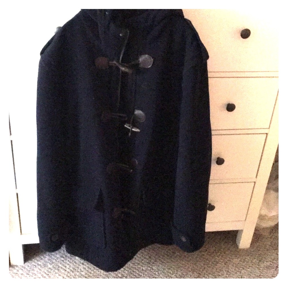 Large navy blue zip and button peacoat.