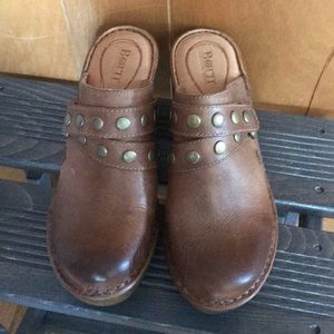 Brown leather clogs