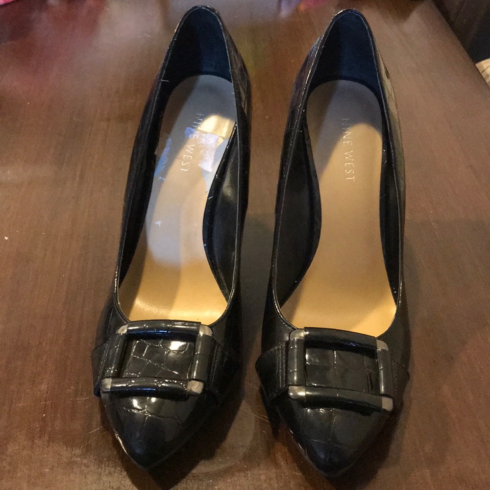 Nine West black crocodile wedges