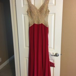 Stunning nude red gold sequin long gown dress