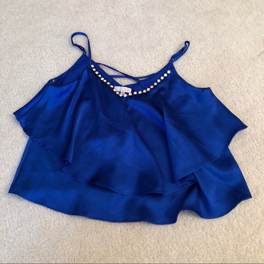 Gianni Bini blue ruffled rhinestone tank top