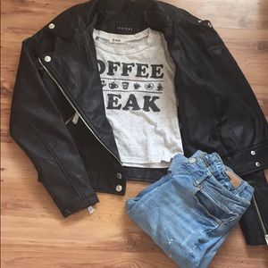 White crop top with COFFEE BREAK on it