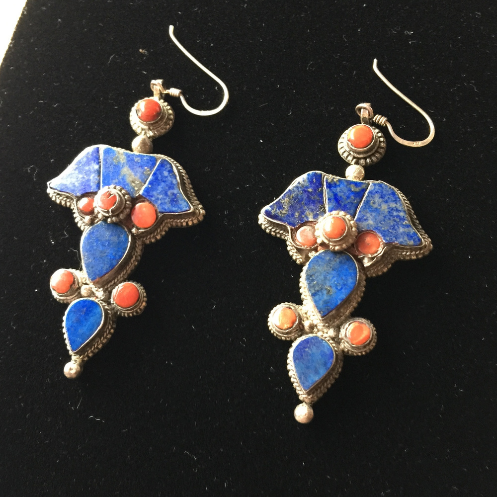 Tibetan Vintage Lapis, Coral & Silver Earrings