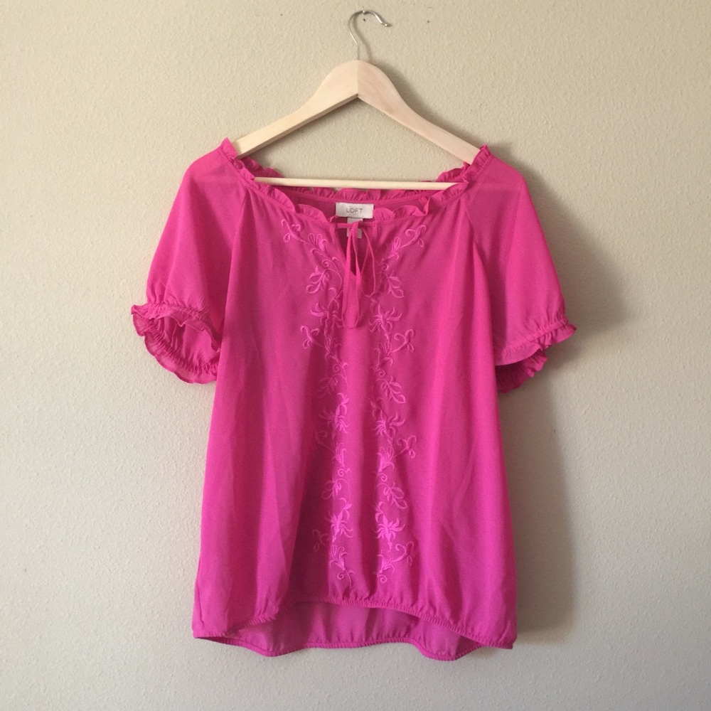 {LOFT} Fuchsia Semi-Sheer Peasant Blouse