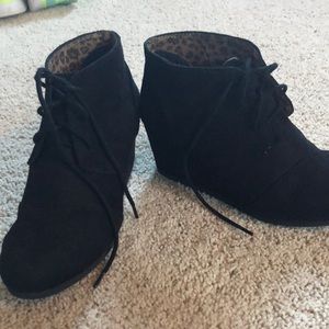 Black suede lace up wedge booties