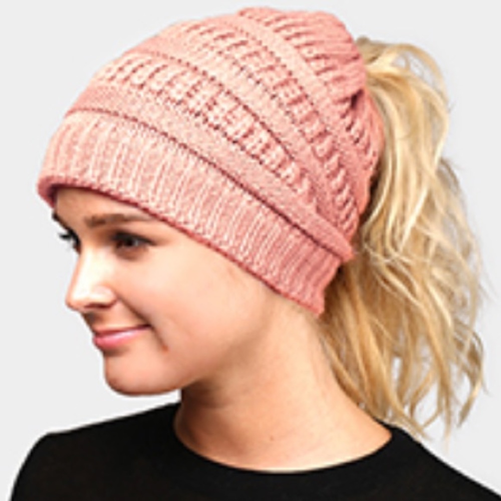 Solid ponytail stretch knit hat.