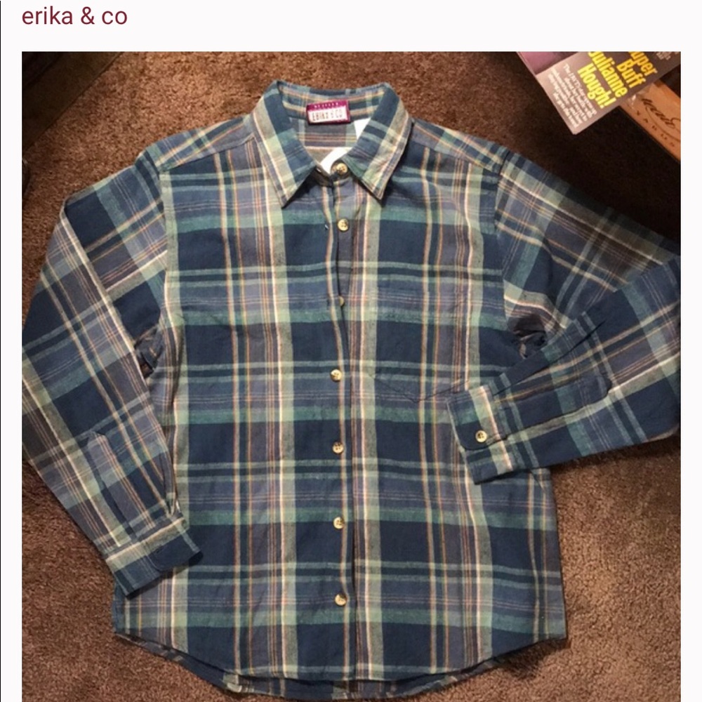 Erika & Co plaid button down top.