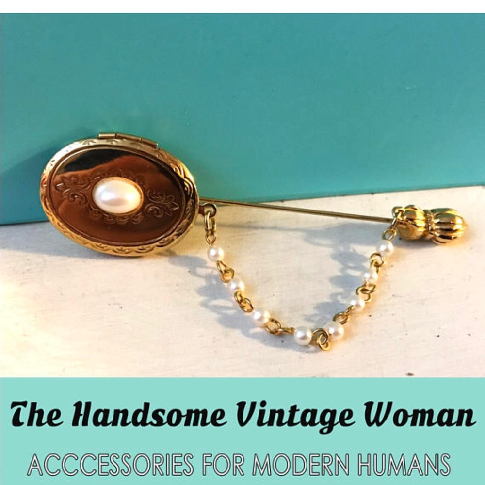 Vintage Locket Stick Pin With Chain & Pearls