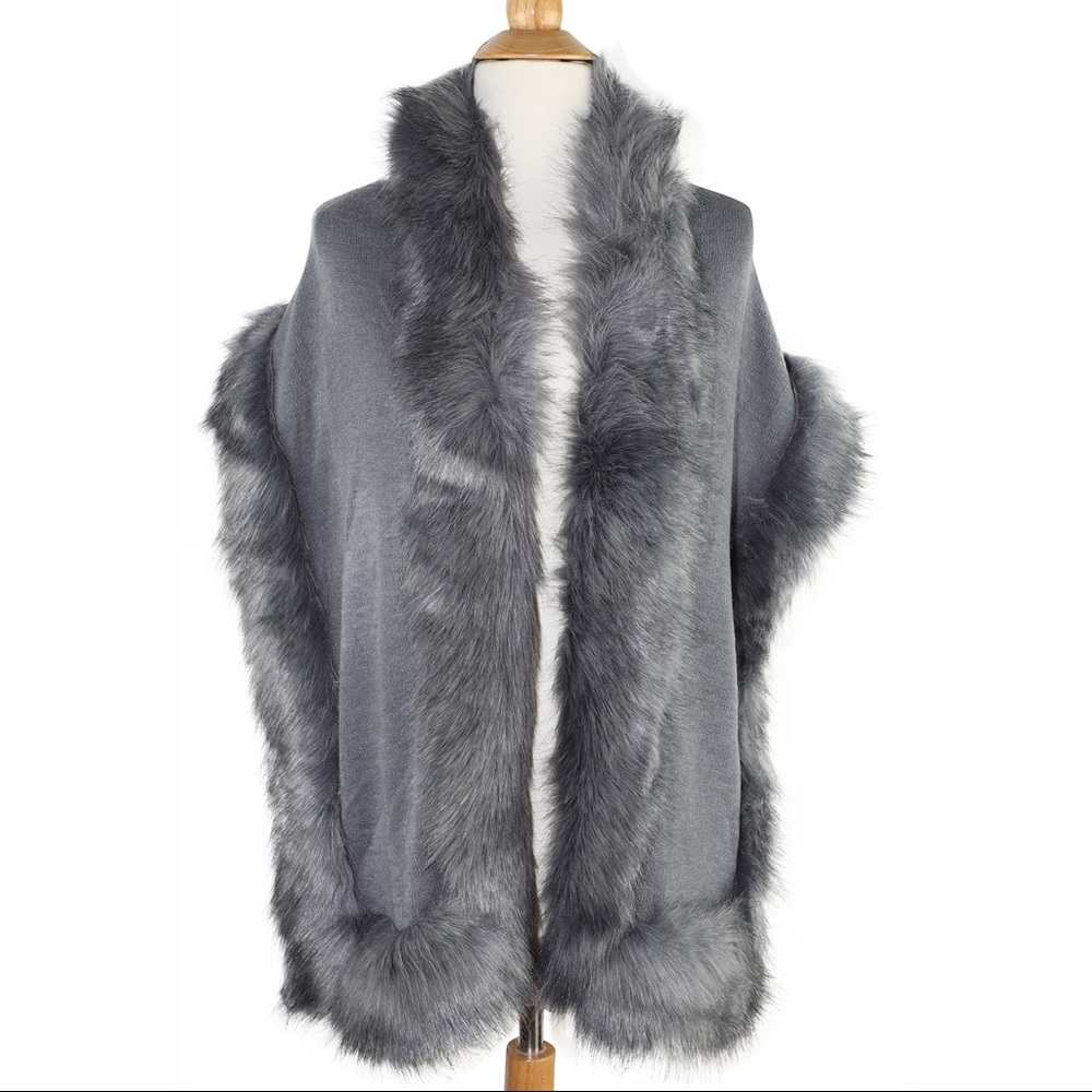Grey Faux Fur Trim Shawl Wrap Scarf