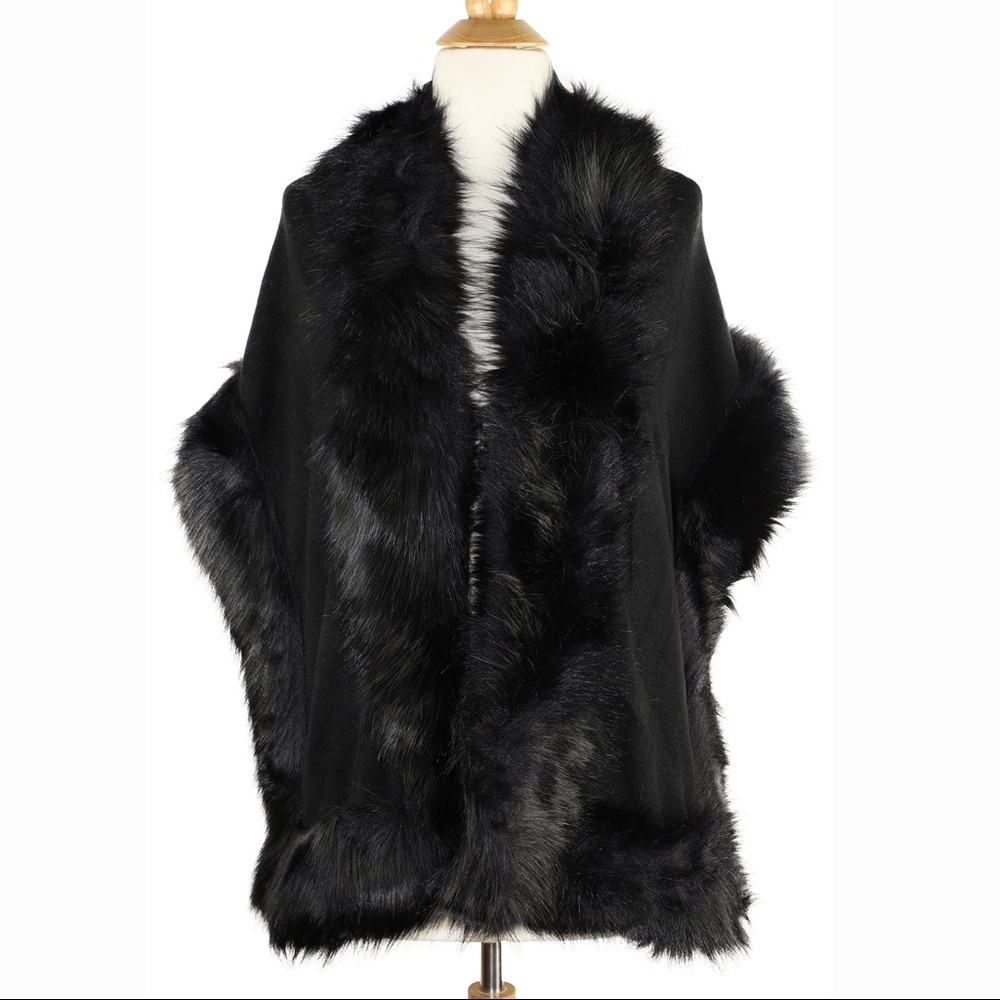 Black Faux Fur Trim Shawl Wrap Scarf
