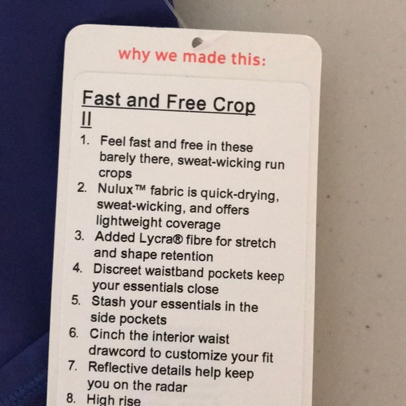 NWT BLUE LULULEMON FAST & FREE CROP -- Size 4 - Picture 7 of 8