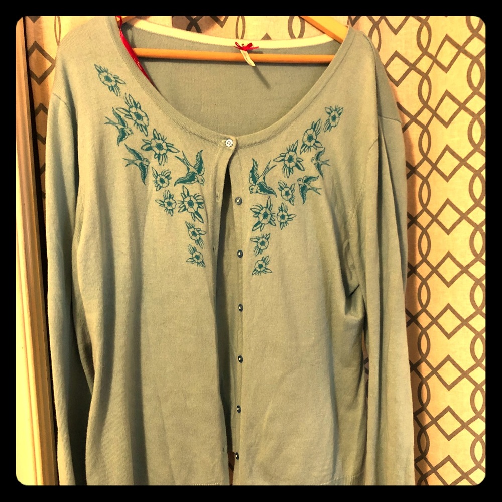 Retro blue cardigan with birds