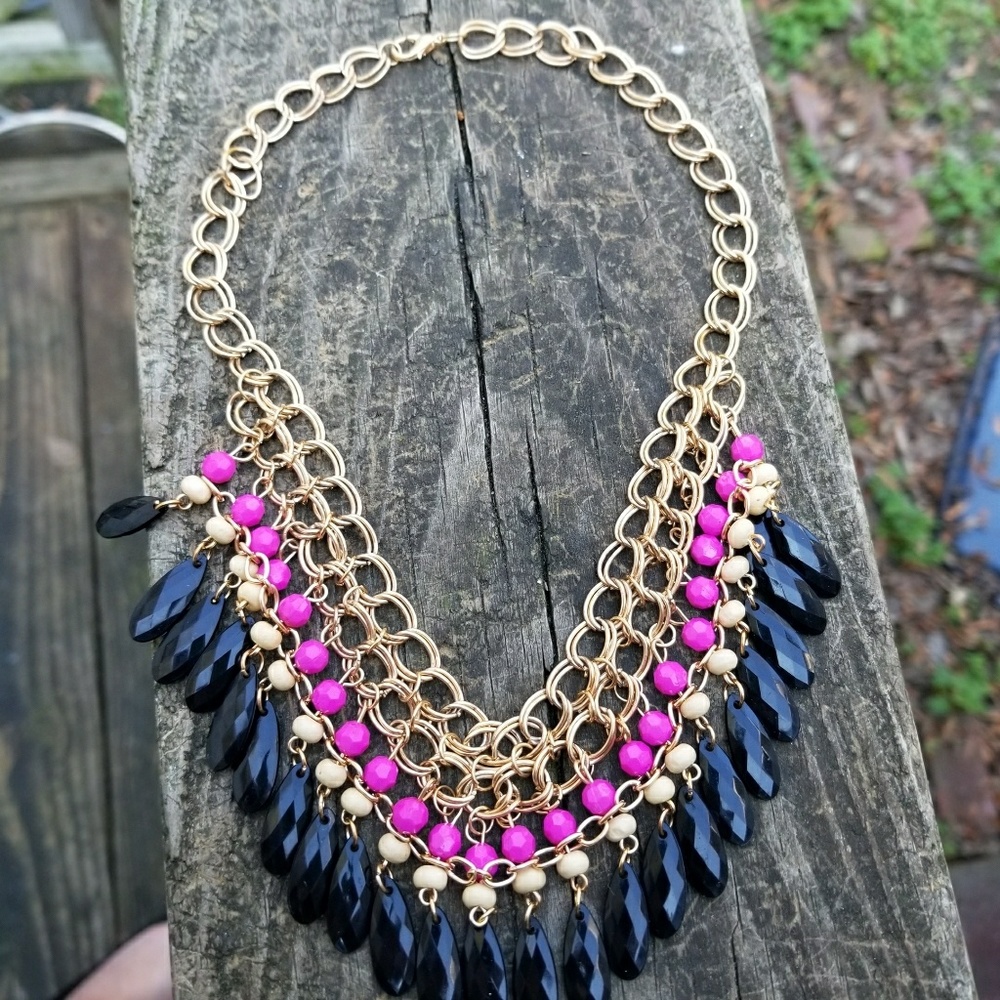 Pink and black fringe statement necklace