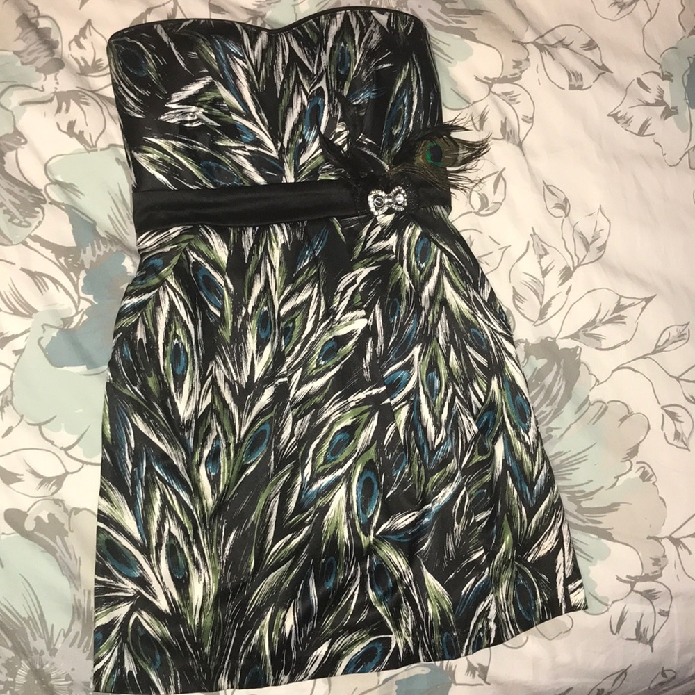 Peacock strapless cocktail dress
