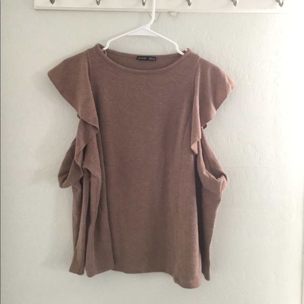 Zara Taupe Cold Shoulder Ruffle Sweater