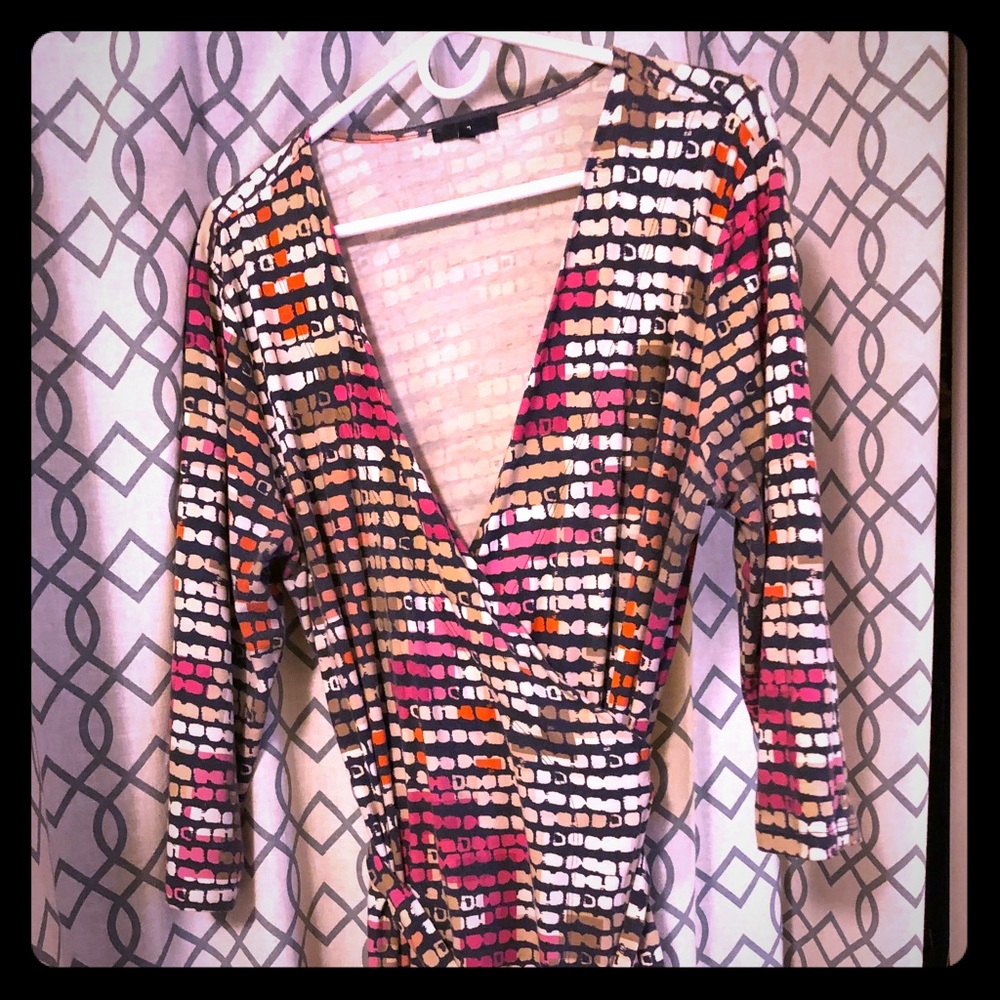 True wrap dress in colorful print.