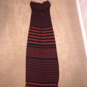 blue and red striped maxi dress