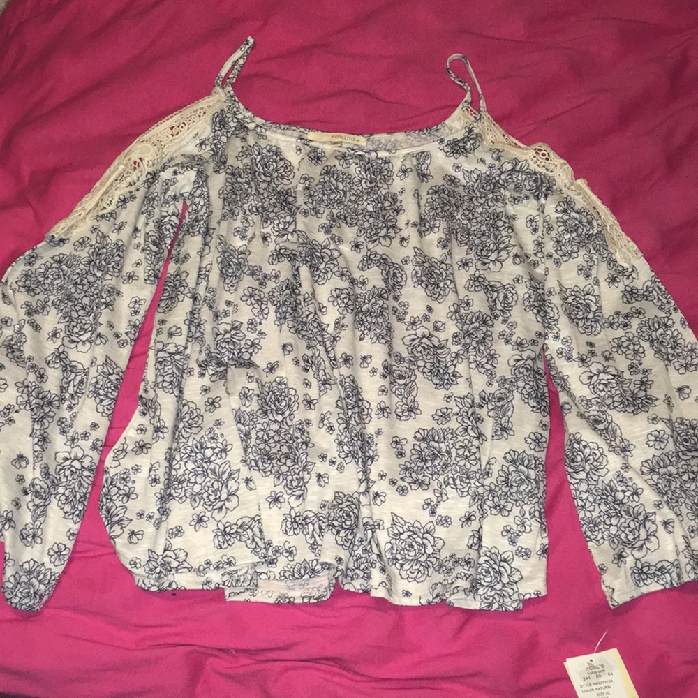 Blue and white cold shoulder top