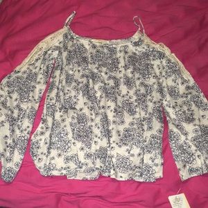 Blue and white cold shoulder top