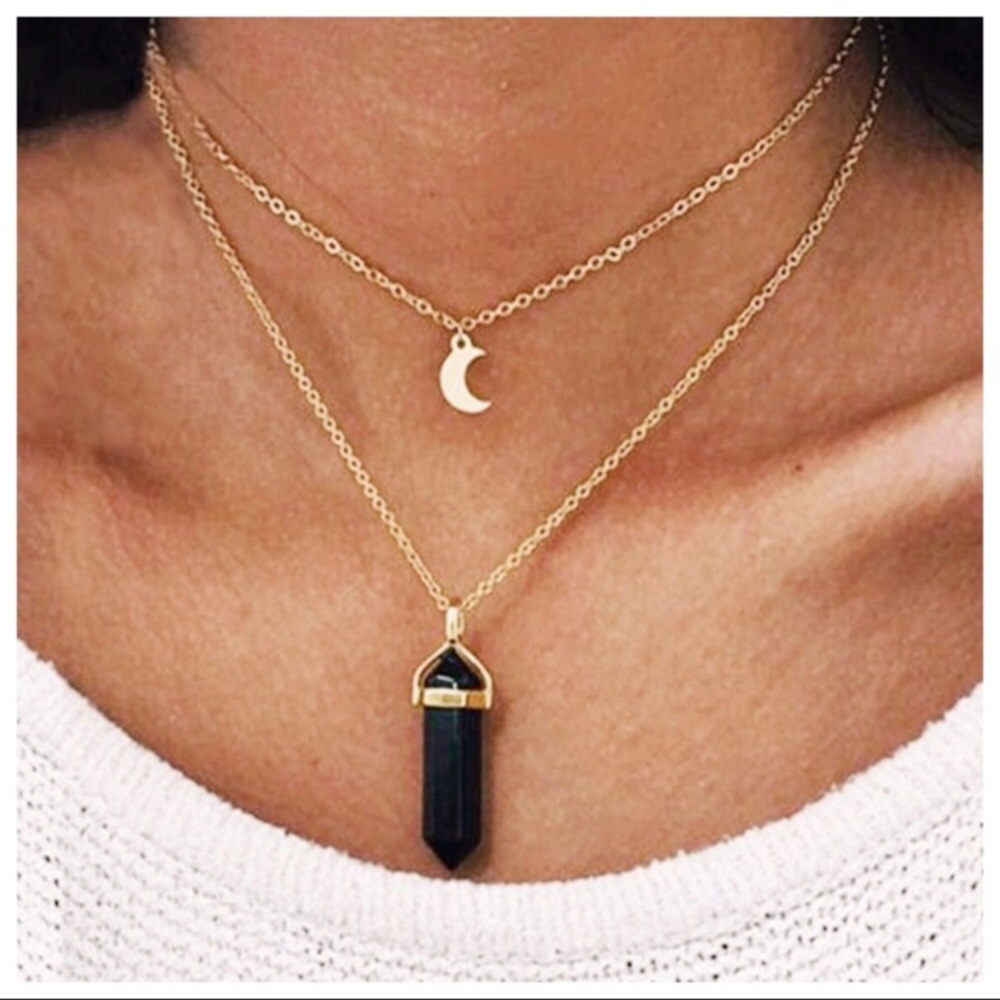 🌙  Double layered chain boho gemstone and crescent moon necklace 🌙