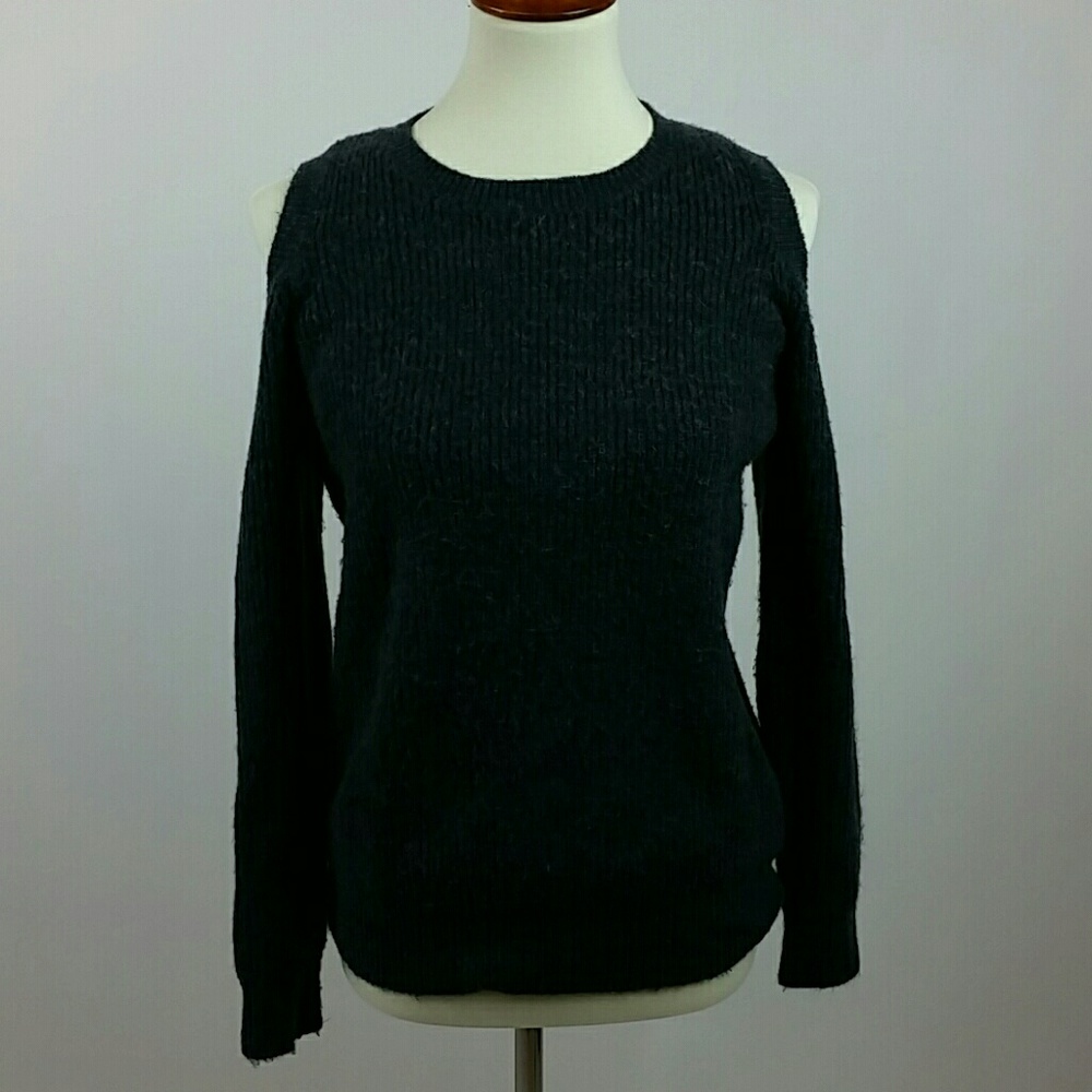 Charcoal, Grey, Cold Shoulder Cable Net Sweater.
